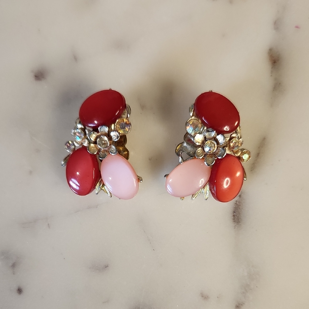 BSK | Cherry & Pink Thermoset | Rhinestone Flowers | Clip-On Earrings | 1960's